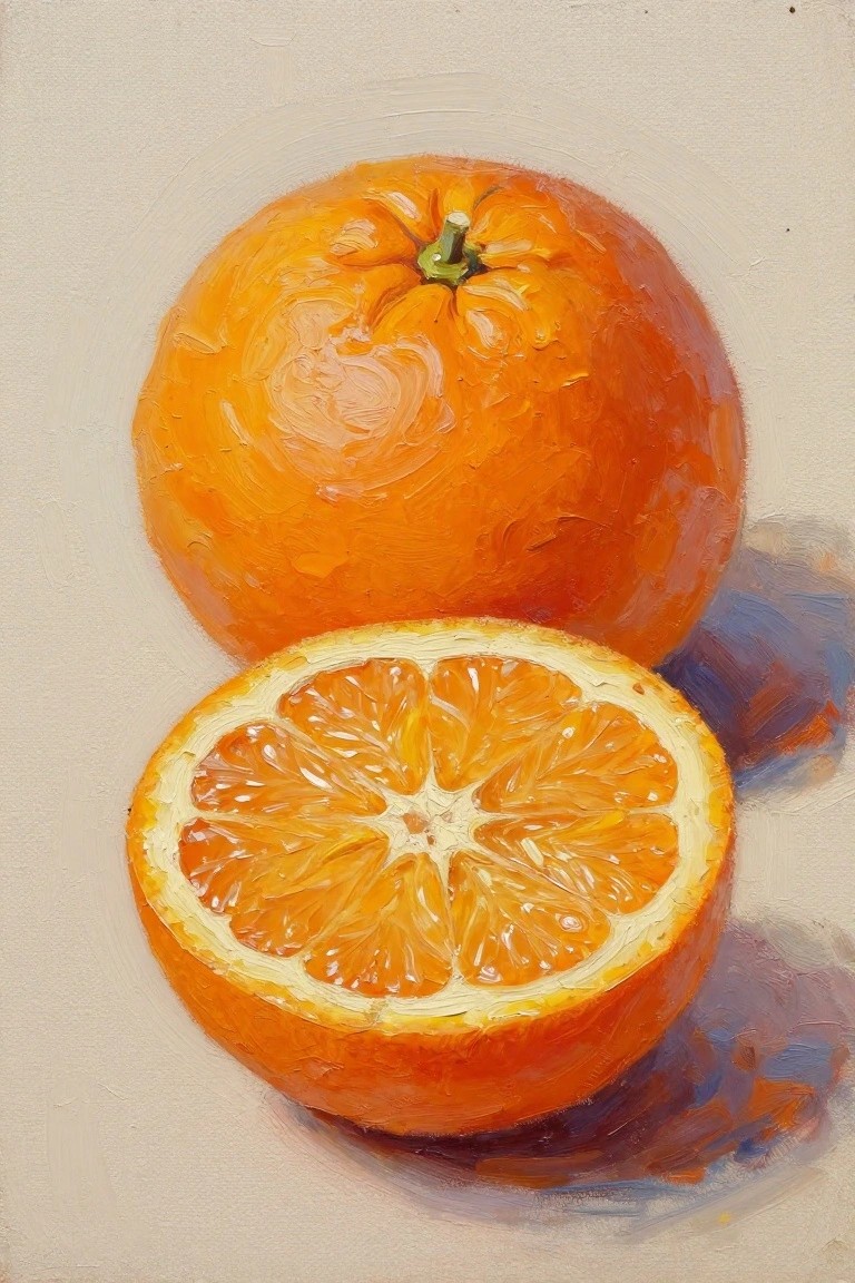 Vibrant oil painting of whole orange beside halved one with juicy segments
