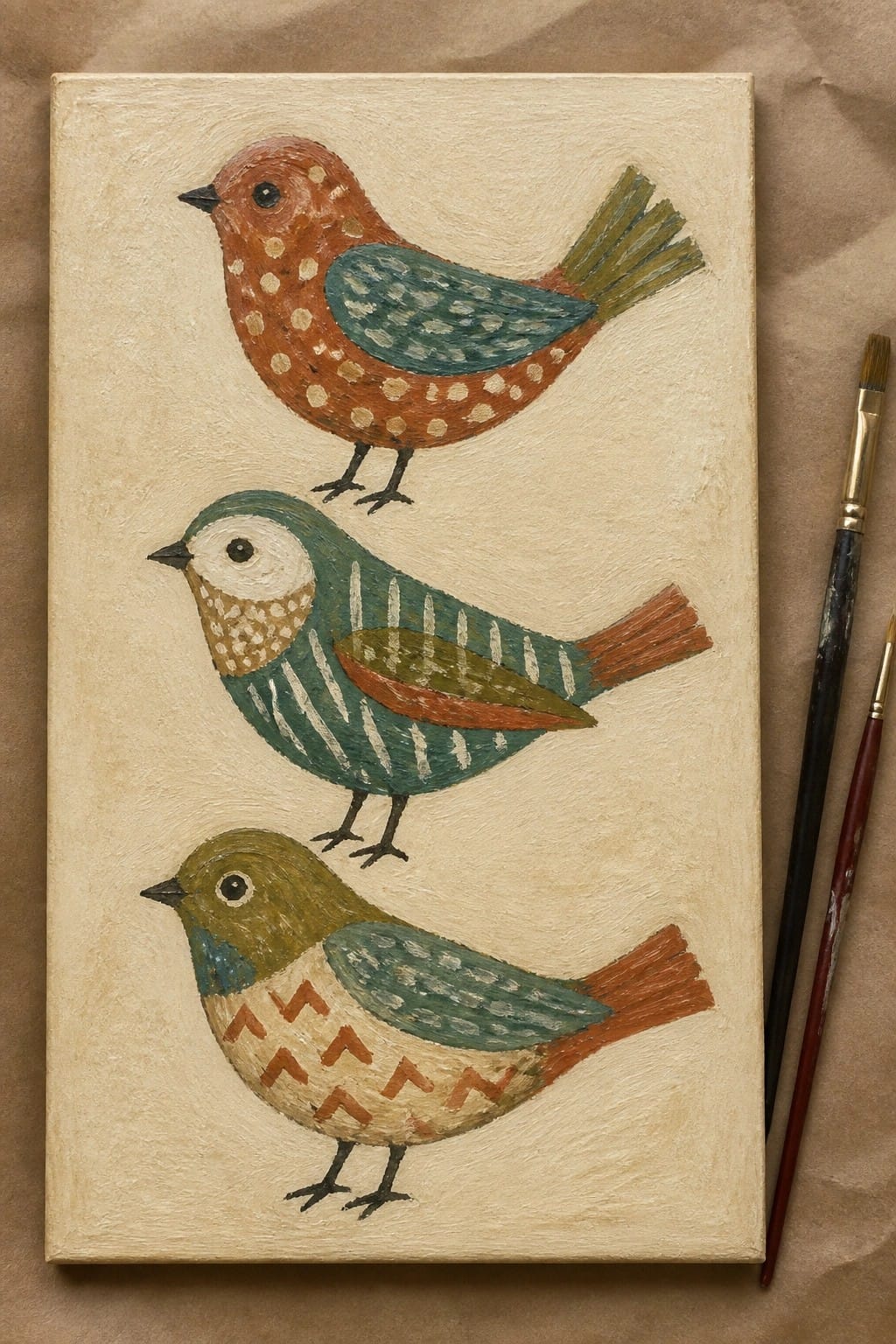 Three colorful folk-art birds painted on canvas beside paintbrushes.
