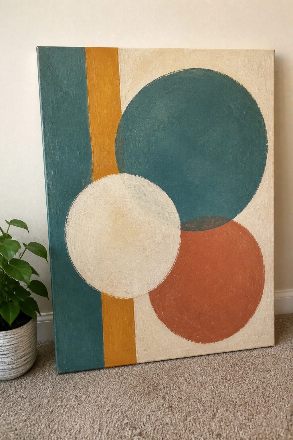 An abstract oil painting with a teal vertical stripe, mustard stripe, beige background, and three overlapping circles in teal, off-white, and terracotta.