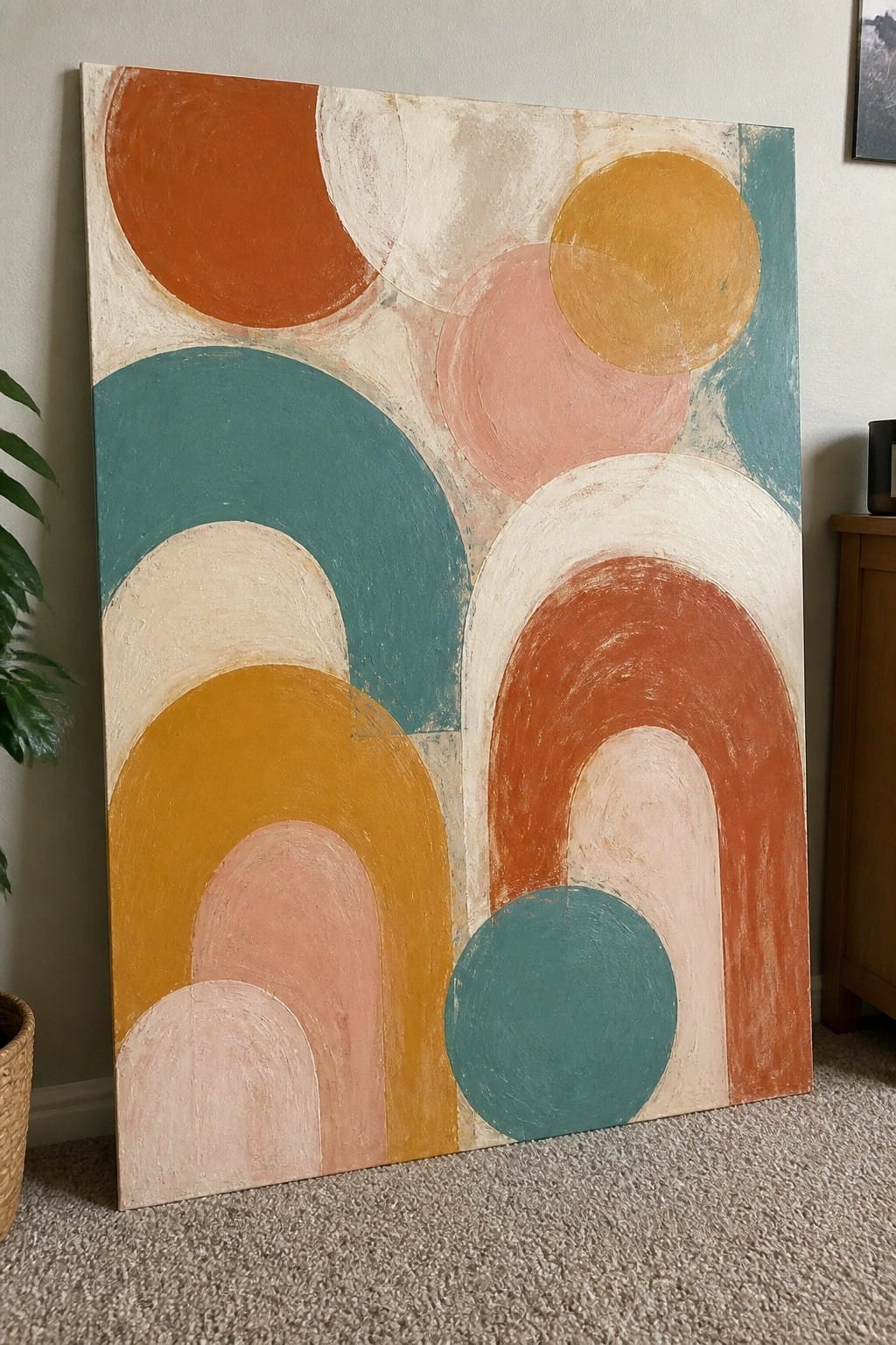 Abstract painting with overlapping circles and arches in orange, teal, yellow, and pink