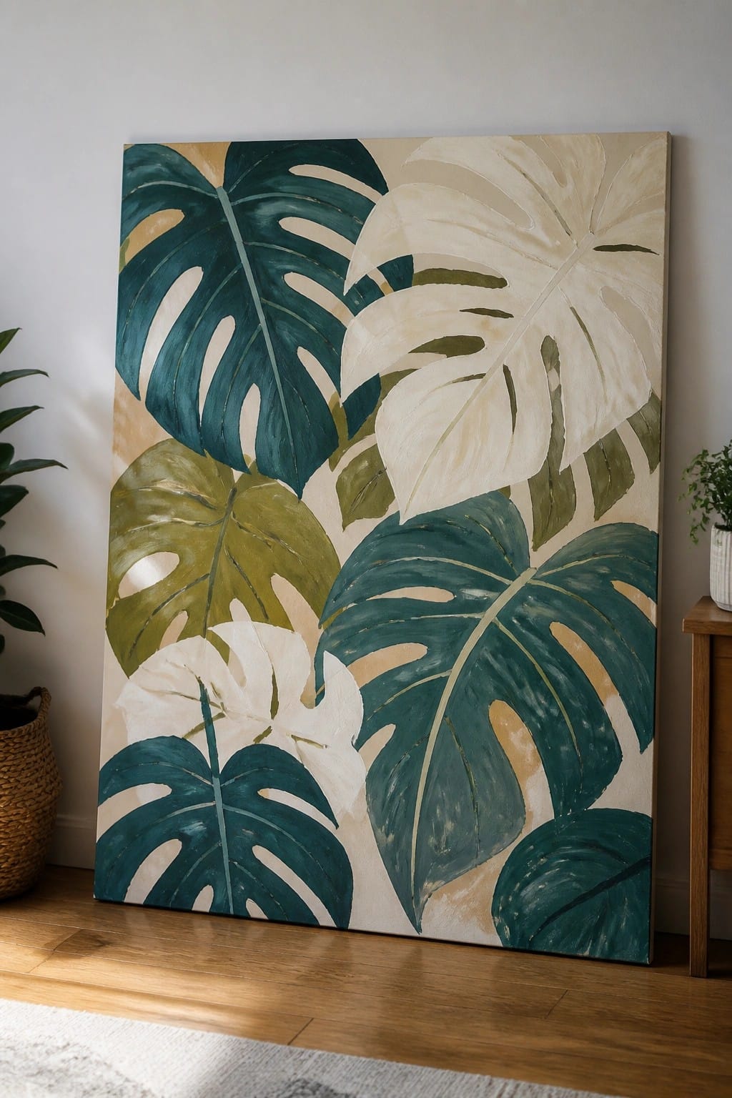 Large canvas painting of monstera leaves in teal, green, and cream tones on wall