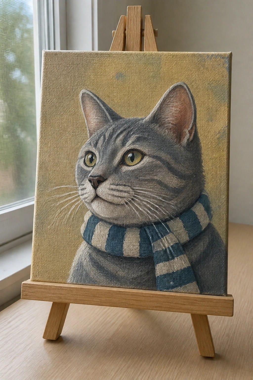 Realistic painting of gray tabby cat wearing blue striped scarf on wooden easel
