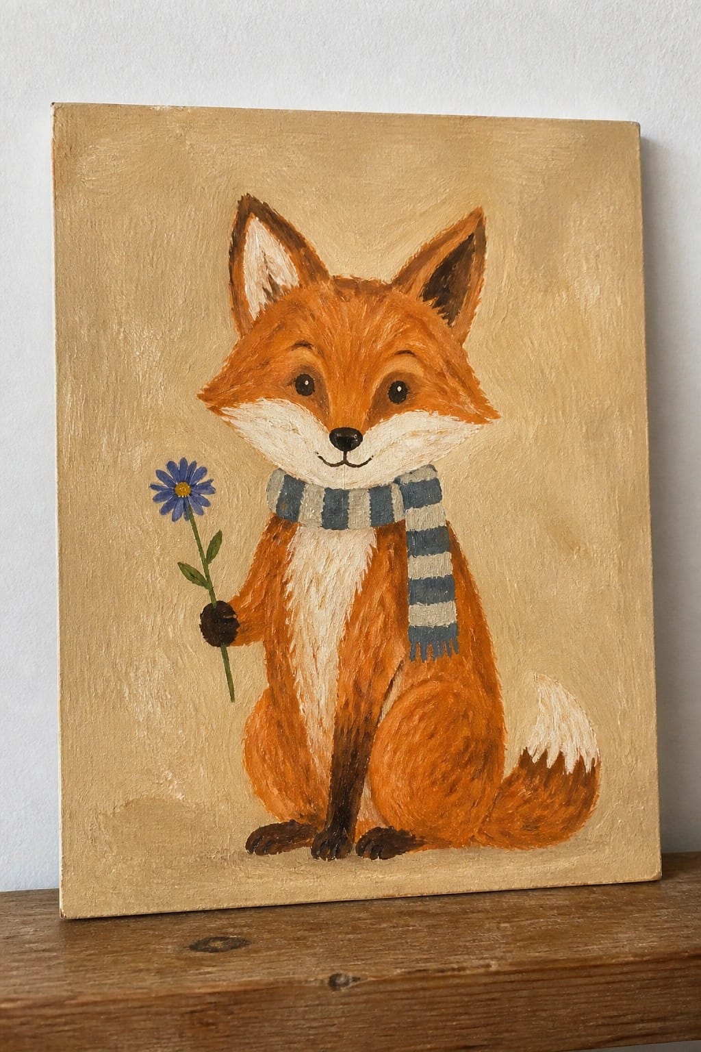 An oil painting of a seated fox holding a blue flower while wearing a striped scarf against a plain background.