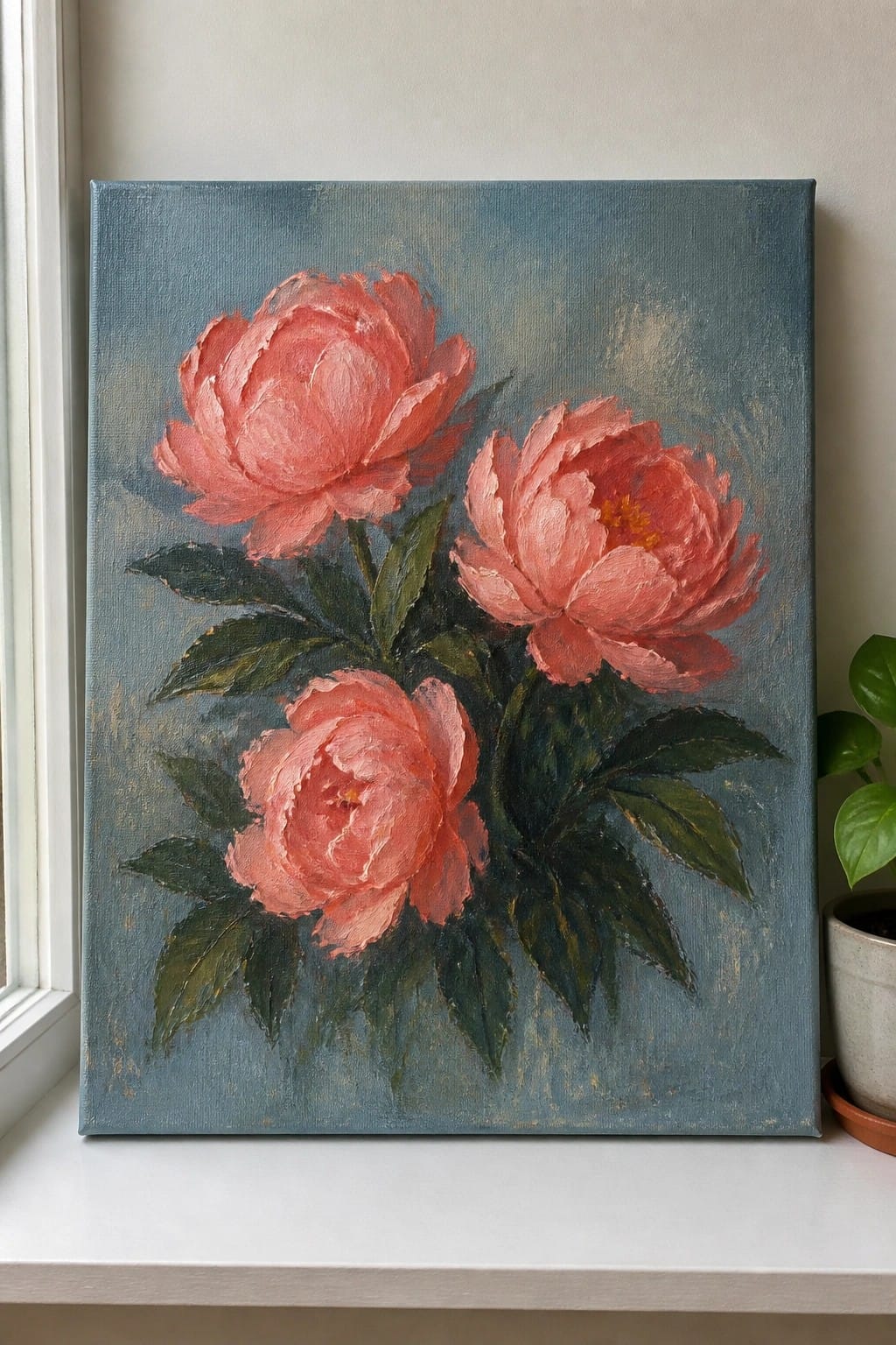 Three pink peonies with green leaves on blue painted canvas by window