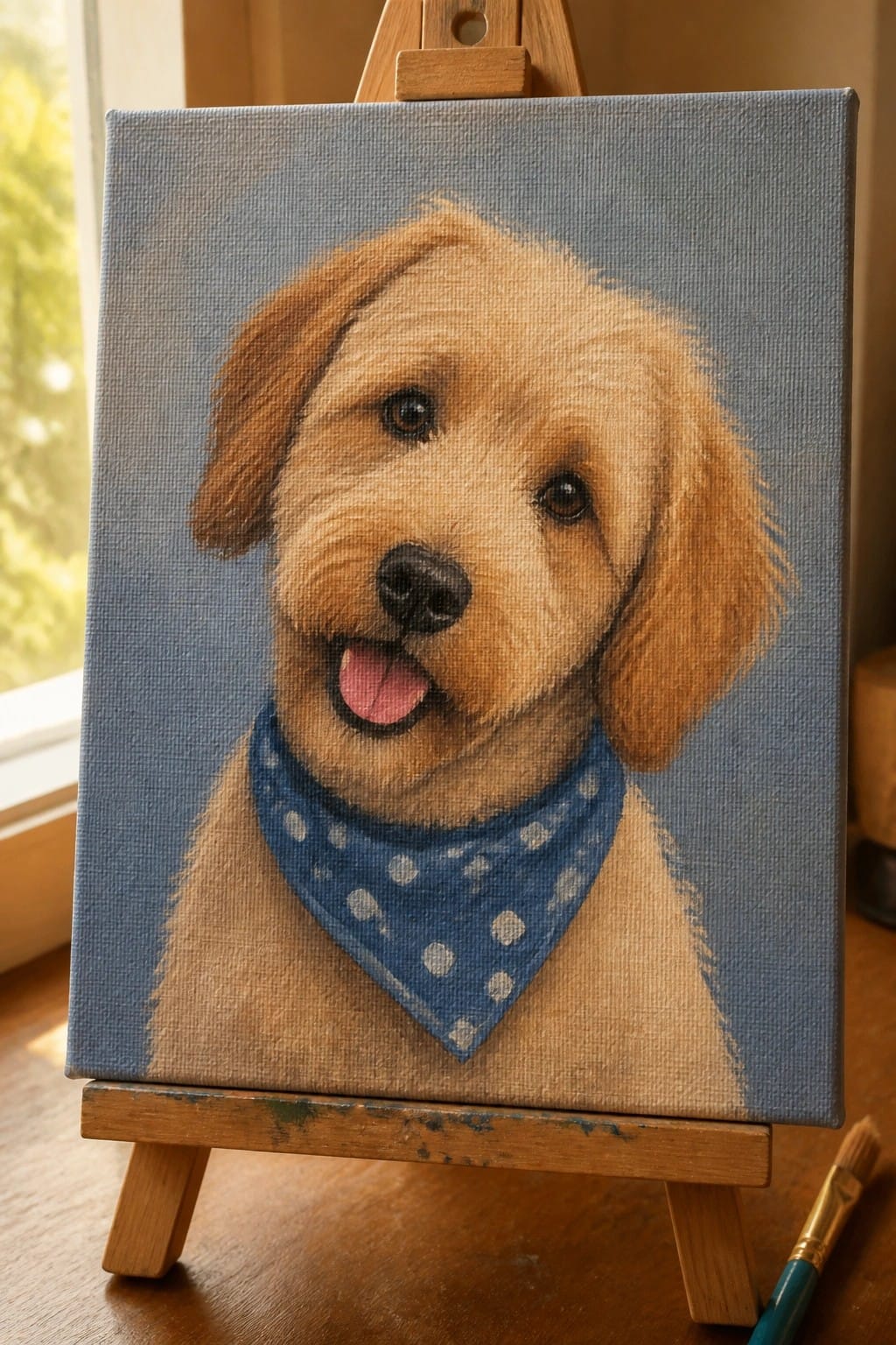 Realistic painting of smiling tan dog in blue polka-dot bandana on wooden easel.