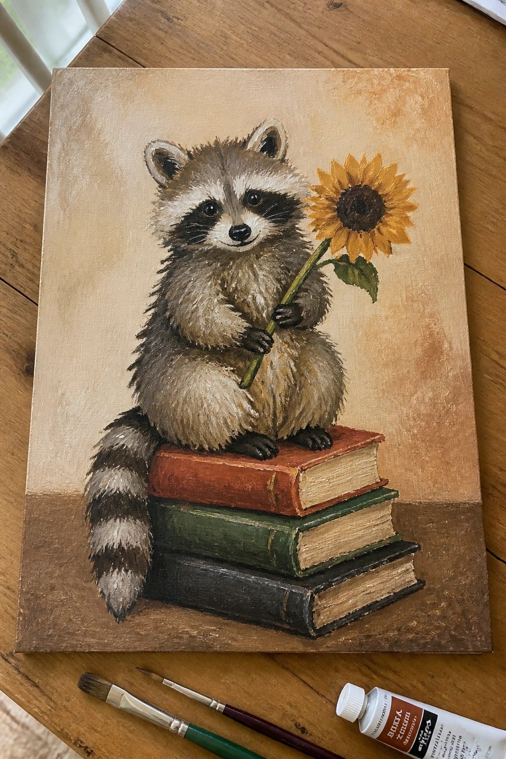 Raccoon painting holding sunflower, seated on stacked books with brushes and paint nearby