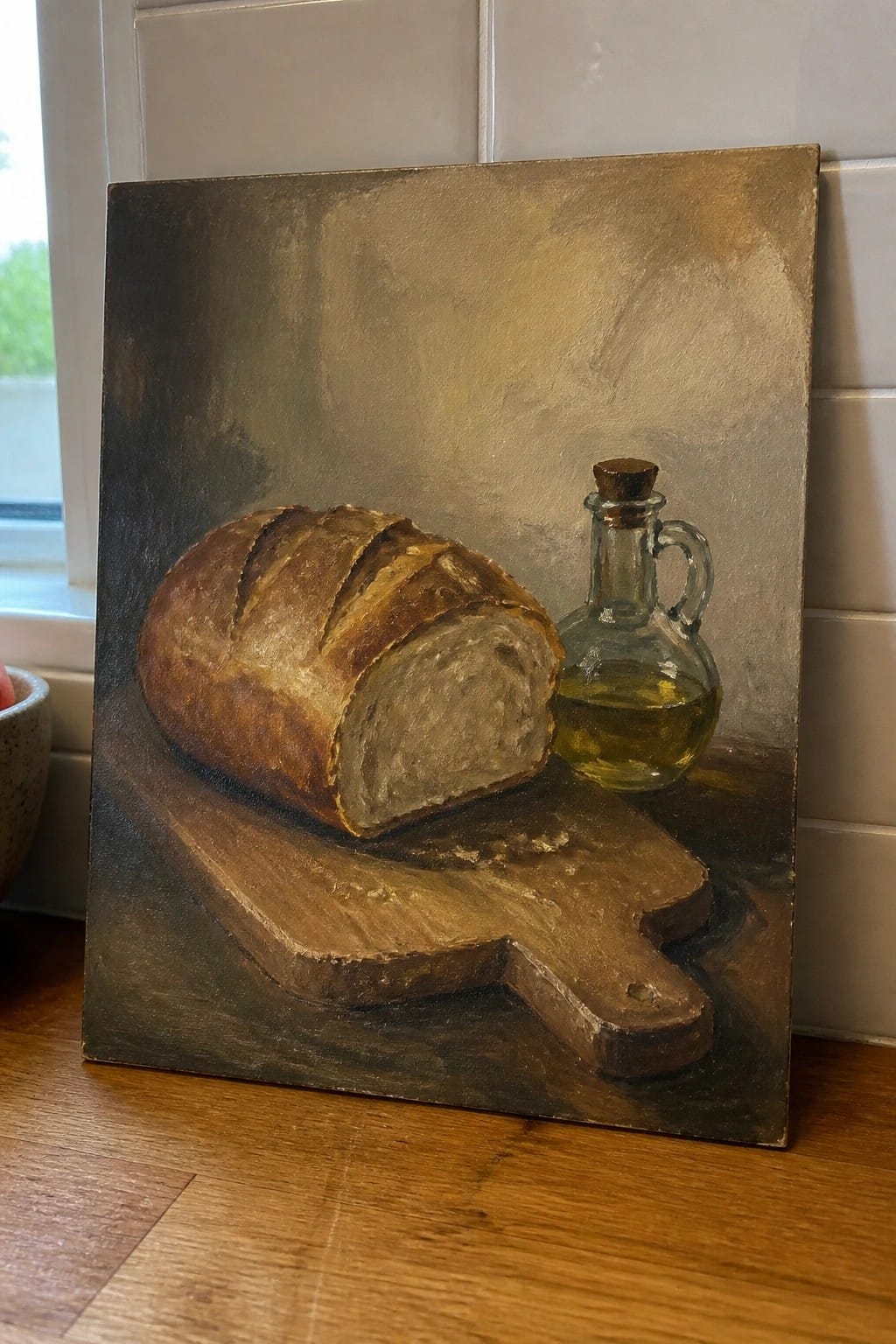 Still life oil painting of sliced bread loaf and oil cruet on cutting board.