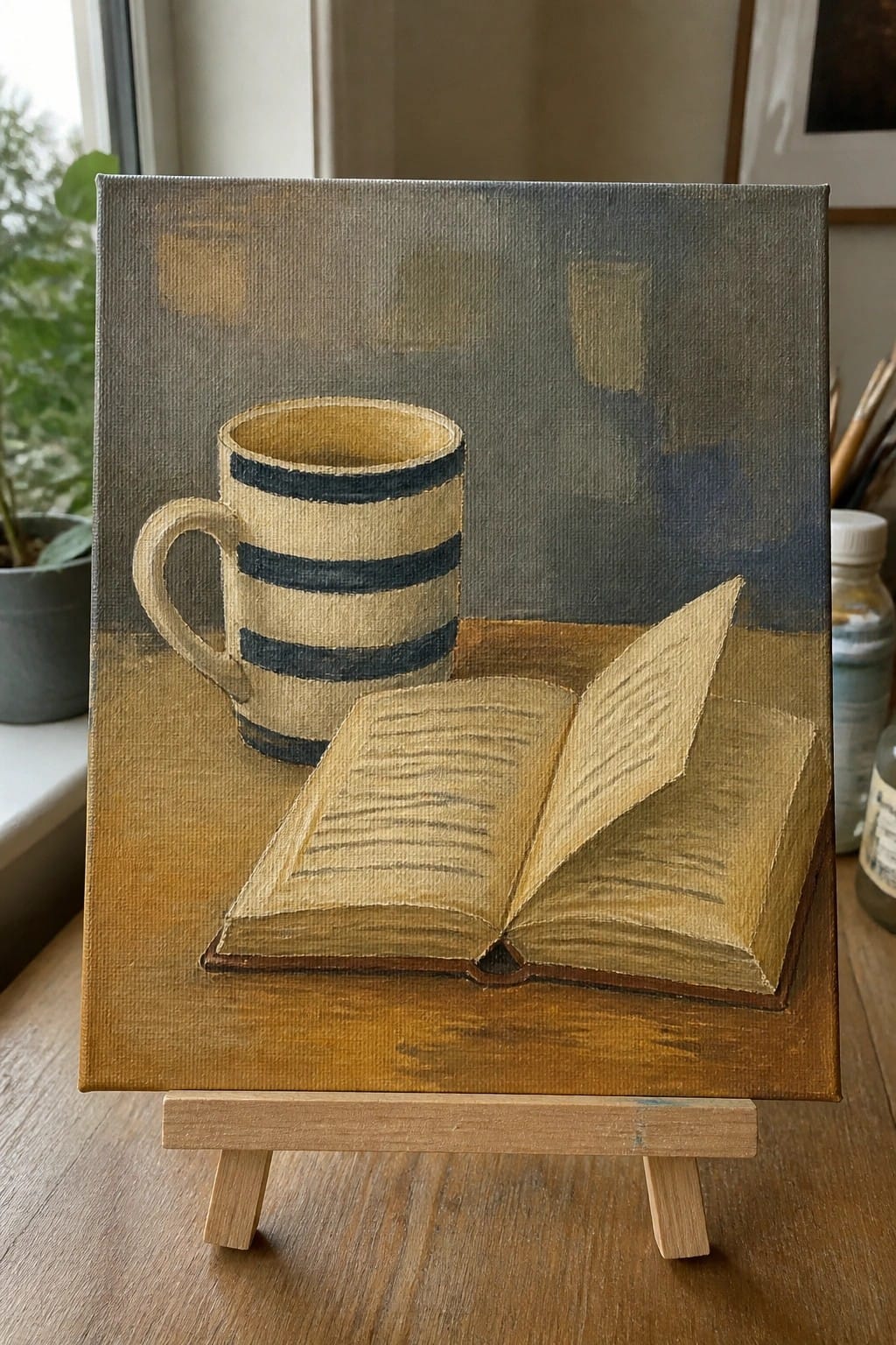 Striped mug and open book still life painting on wooden easel