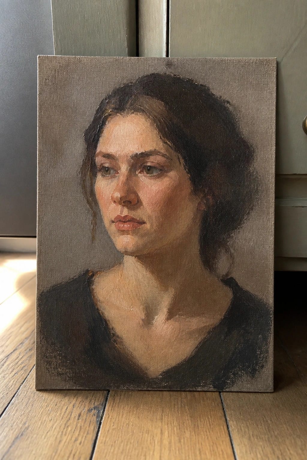 Realistic oil painting of woman with dark hair in black V-neck top on canvas