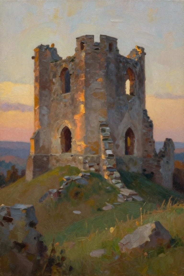 Stone castle ruins on grassy hill glowing in warm sunset light