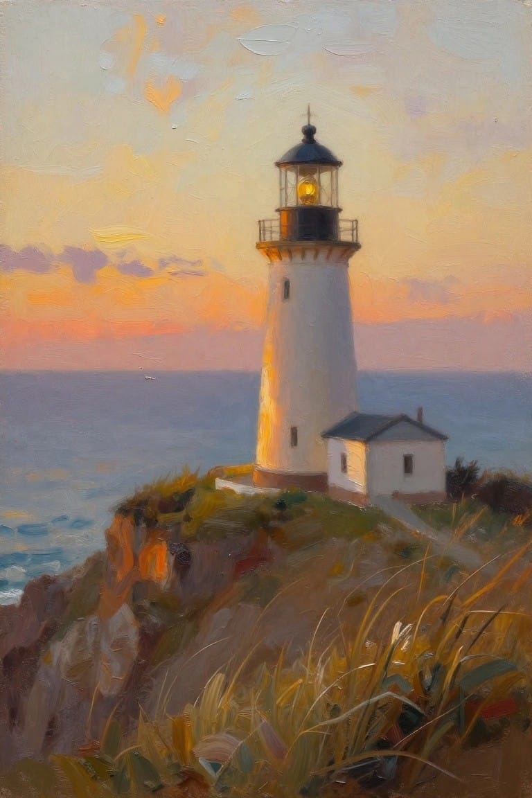A white lighthouse with a glowing lantern stands on a grassy cliff by the ocean under a colorful sunset sky, with a small building nearby.