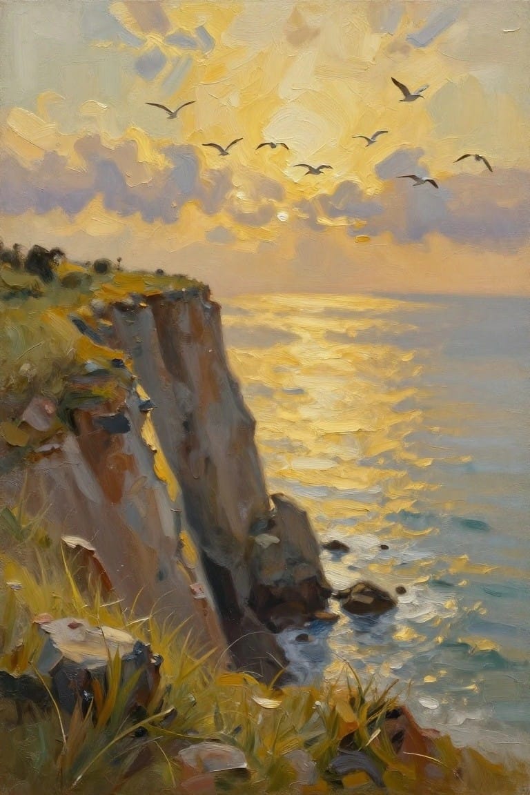 Impressionist oil painting of cliffs by the sea at sunset with flying birds
