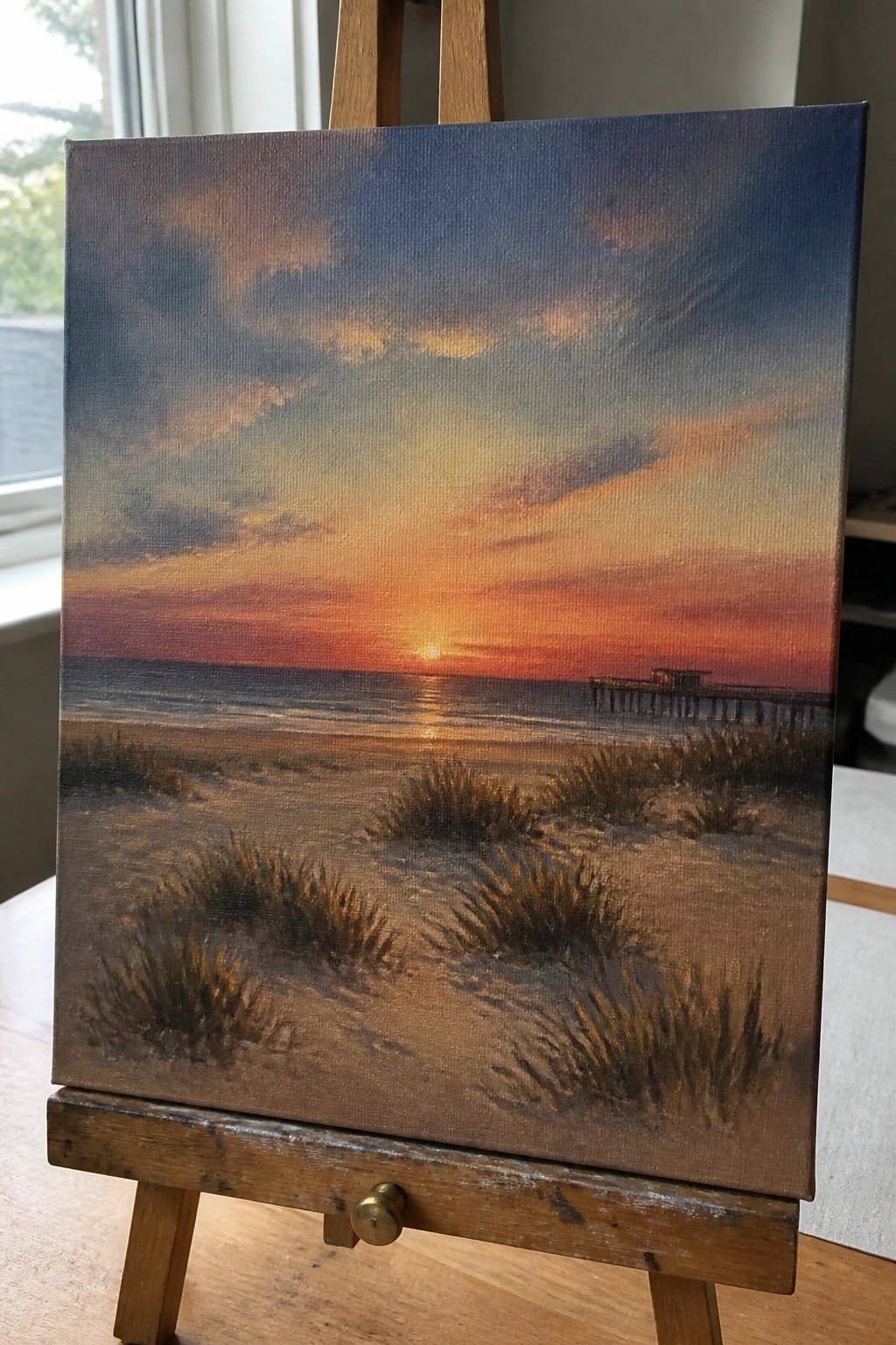 Canvas painting on easel of vibrant ocean sunset with pier and beach grass.