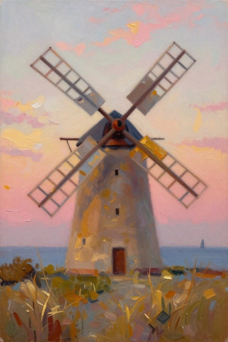 An oil painting of a windmill with four sails on a grassy shore next to the sea under a pink and yellow sunset sky.