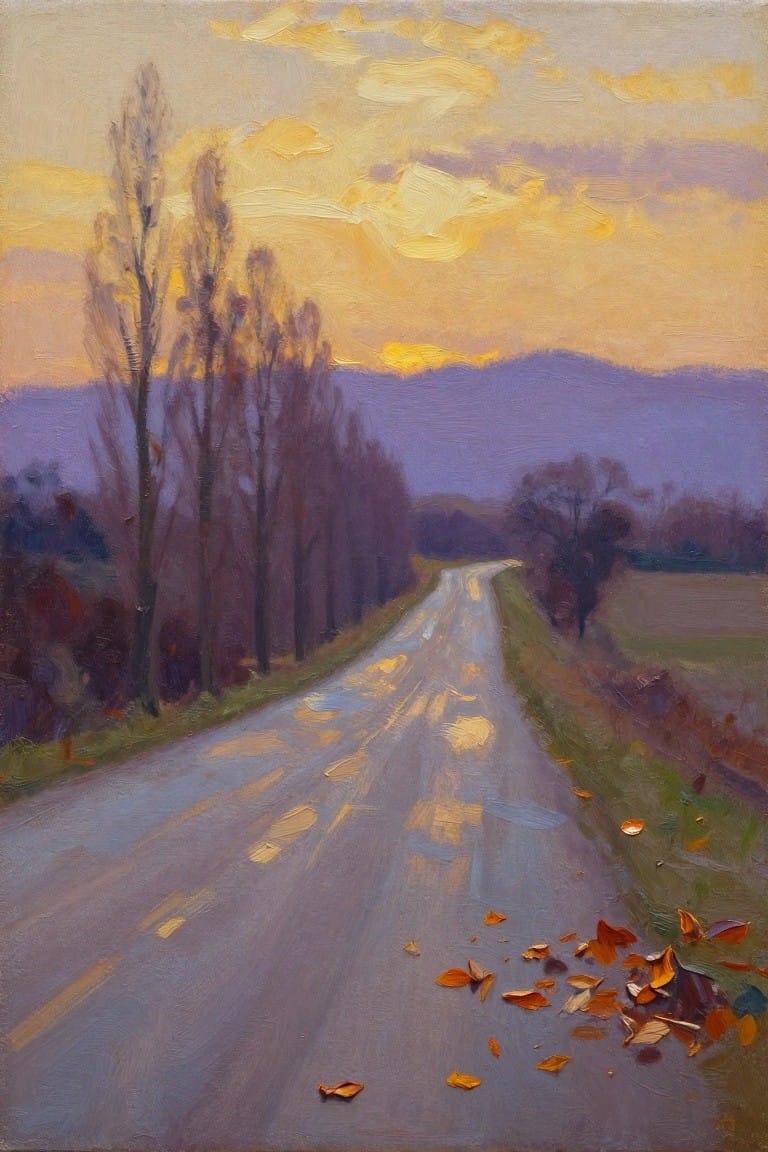 Winding rural road at sunset with golden reflections, autumn leaves, and trees.