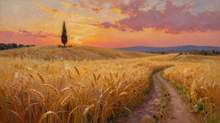23 Glowing Sunset Landscape Oil Paintings That Capture Golden Evening Skies Golden wheat field path at sunset with two cypress trees and colorful sky