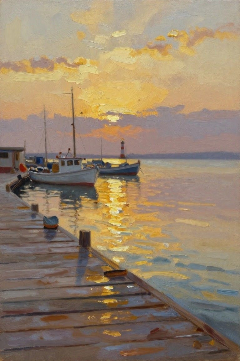 Wooden pier at sunset with boats, lighthouse, and golden reflections on water