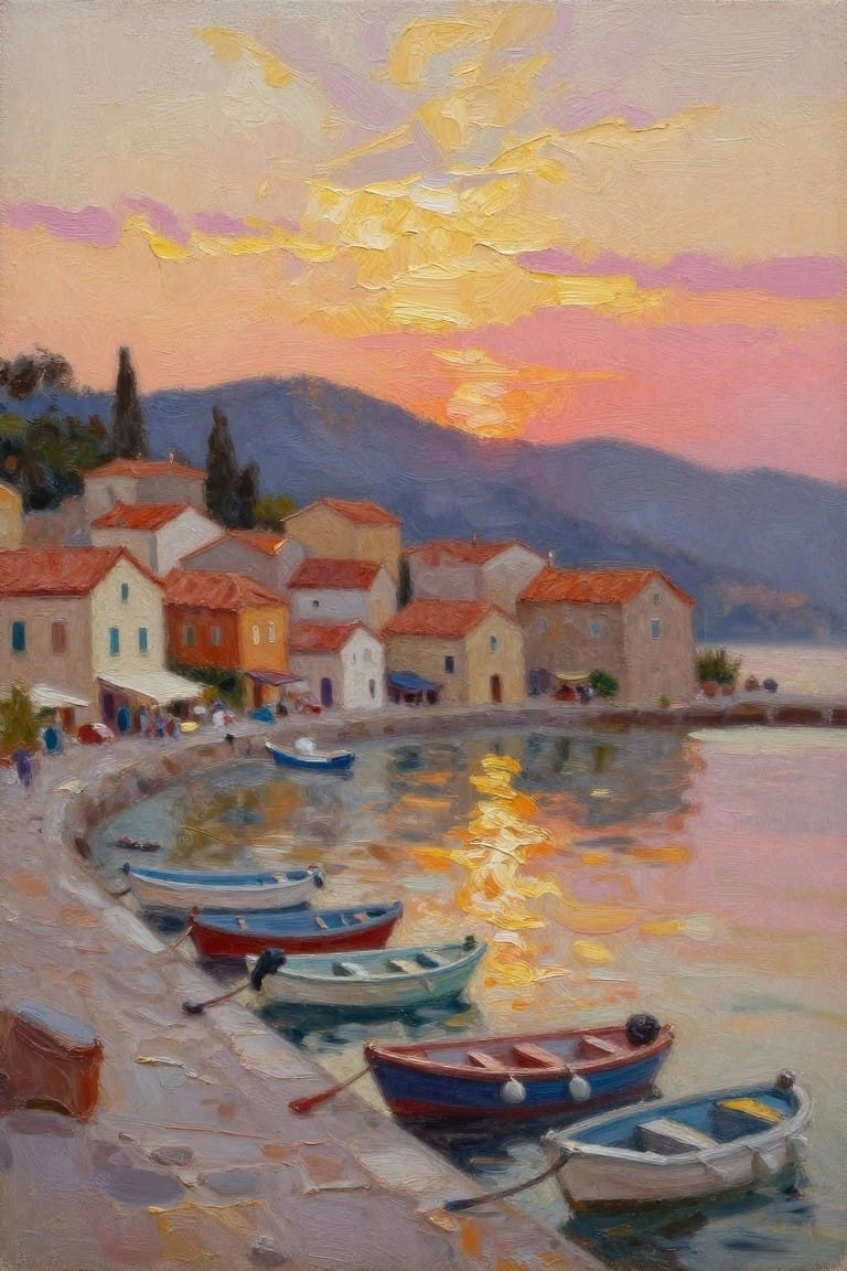 Sunset over a Mediterranean harbor with colorful boats and red-roofed village buildings in oil painting style.