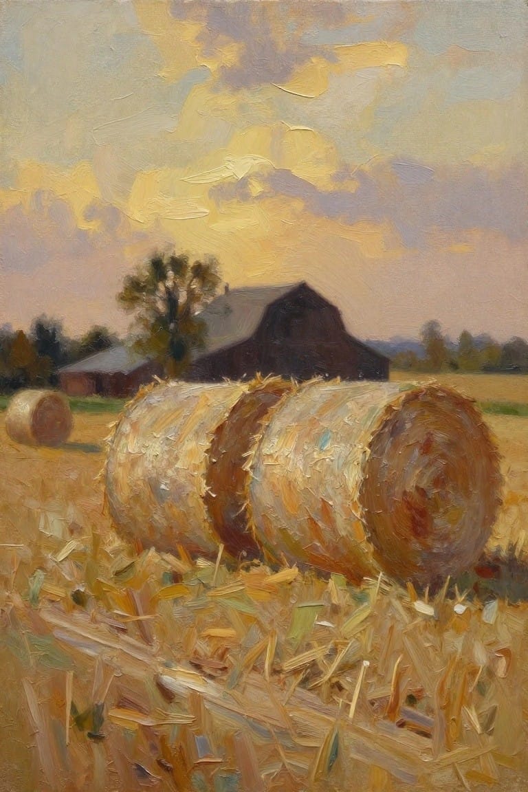 Impressionistic oil painting of hay bales in field with barn under vibrant sky