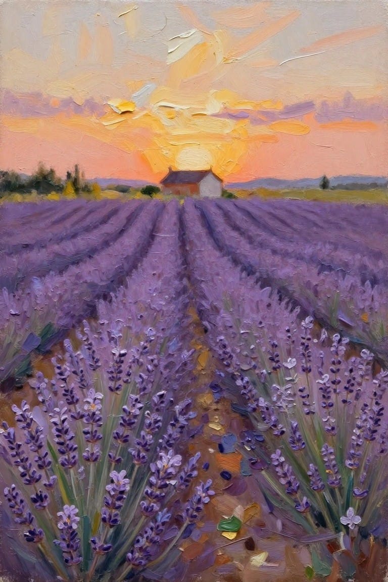 An oil painting of purple lavender rows leading toward a small house under a bright orange sunset sky.