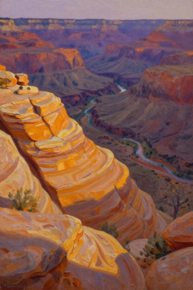 Vibrant painting of layered orange cliffs in Grand Canyon with winding river below