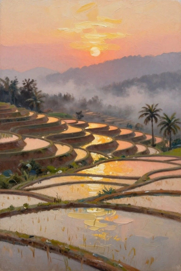Sunrise over misty terraced rice fields with golden reflections and palm trees