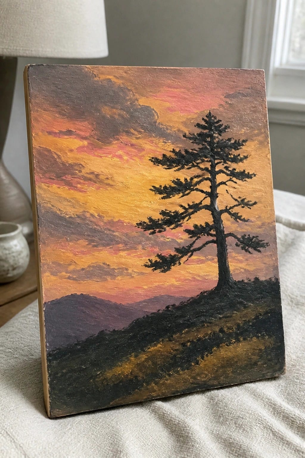 Vibrant sunset painting of a lone pine tree silhouetted on dark hills.