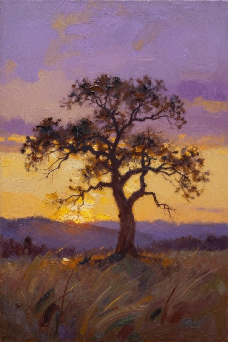 Painterly landscape of a lone tree silhouetted against a purple golden sunset sky