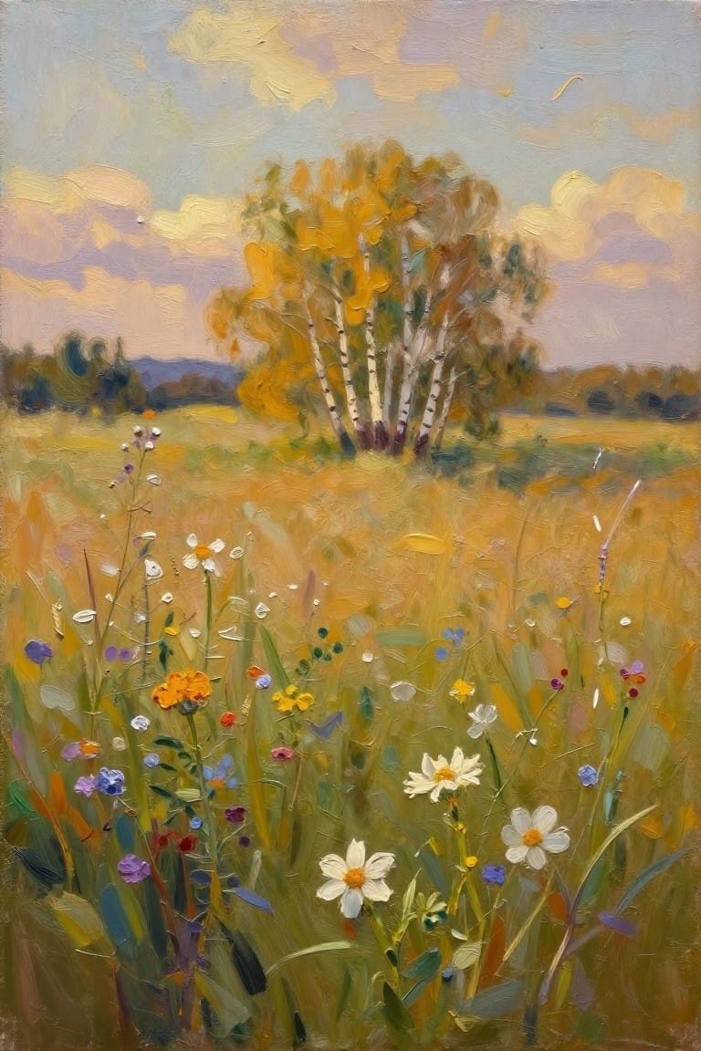 An oil painting of a golden field filled with white daisies and colorful wildflowers, with yellow birch trees in the middle distance under a soft sunset sky.