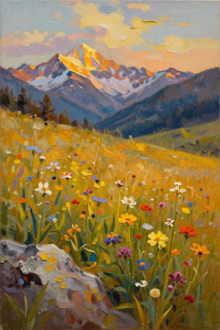 An oil painting of a colorful wildflower meadow in the foreground with snow-capped mountains glowing in sunset light under a cloudy sky.