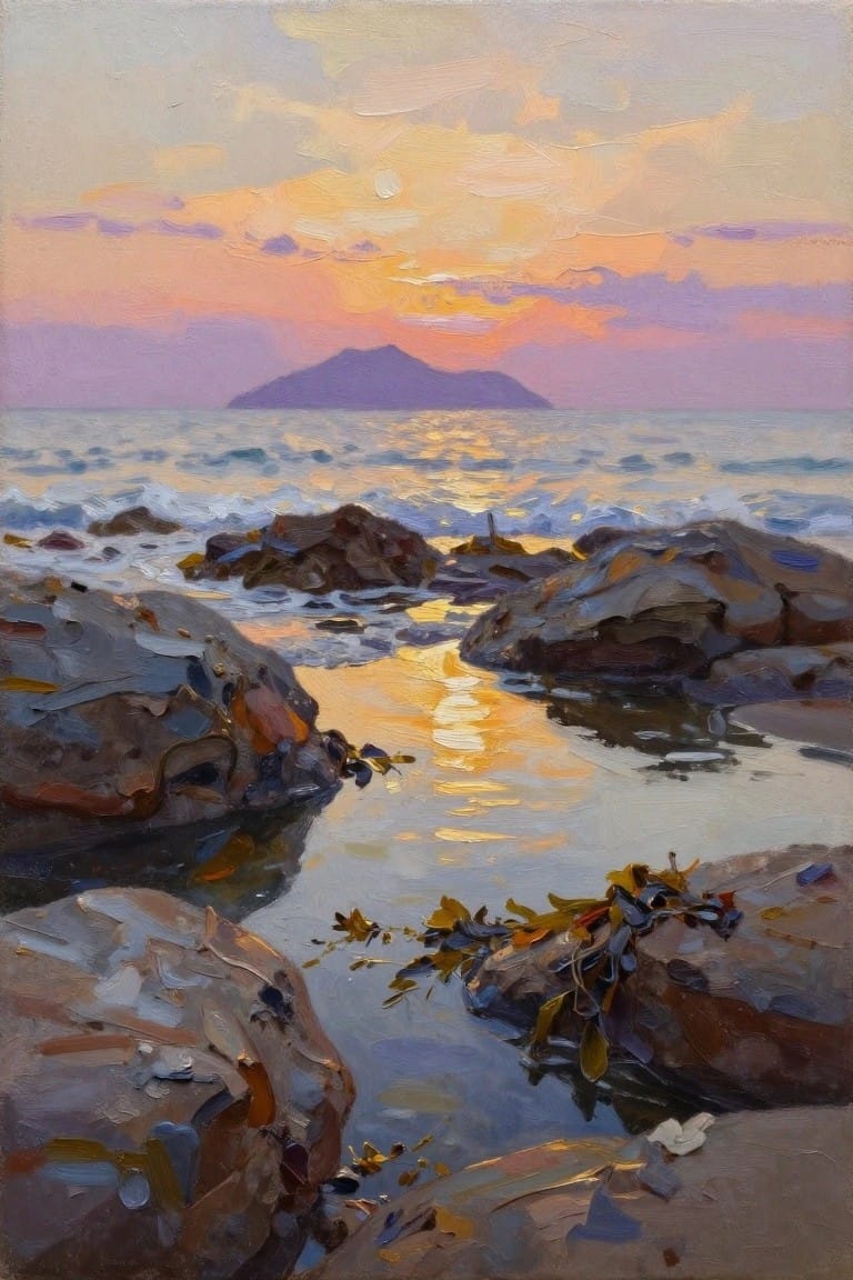 Rocky shoreline at vibrant sunset with golden water reflections and distant mountain.