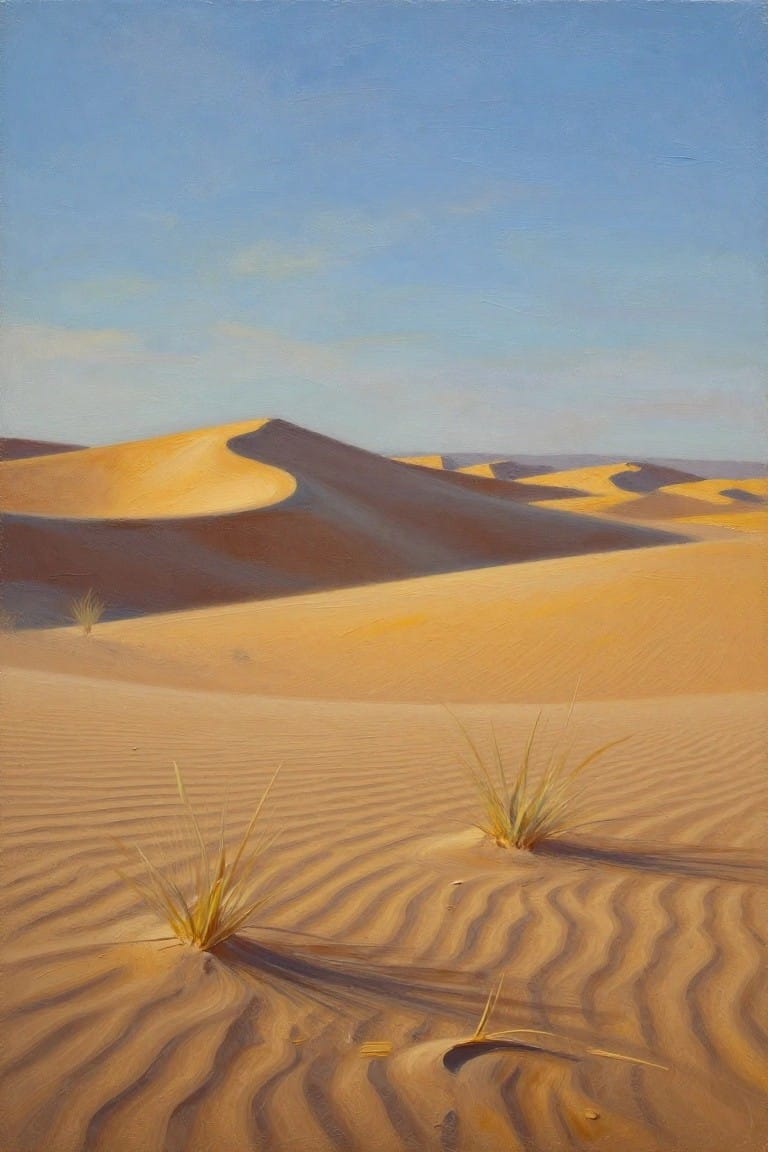 Rolling golden sand dunes under blue sky with sparse grass tufts in foreground.