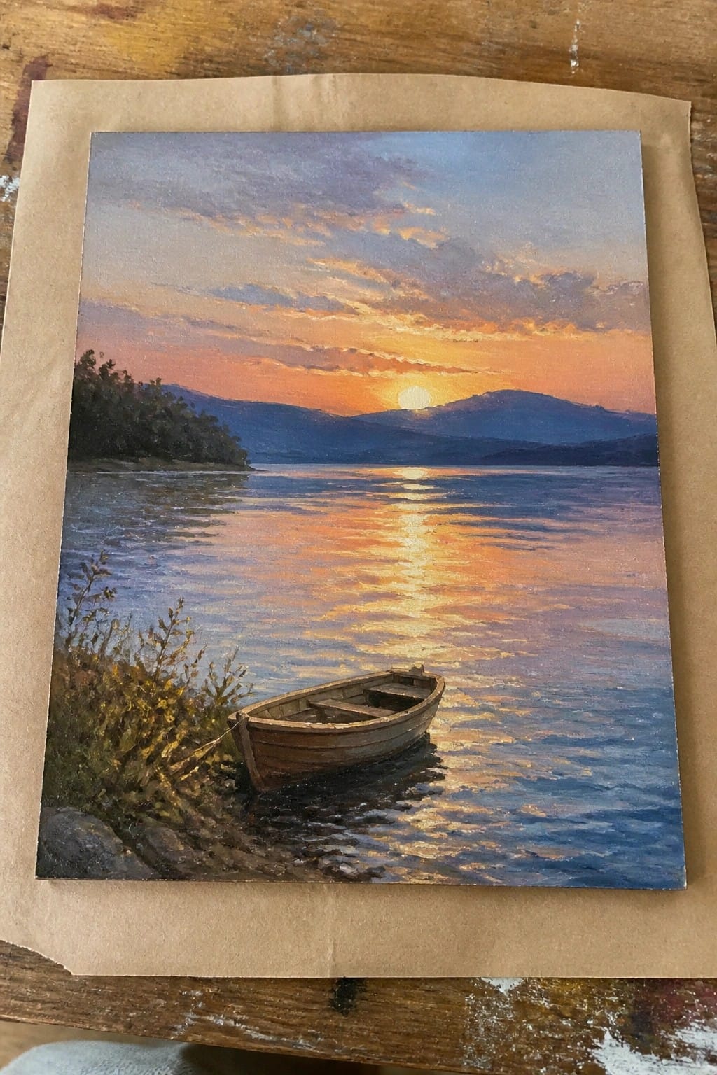 Realistic painting of rowboat moored on lakeshore at sunset with mountain reflections