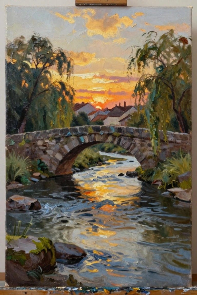 An oil painting of a stone bridge over a river at sunset with orange sky reflections, trees on both banks, and houses visible behind the bridge.