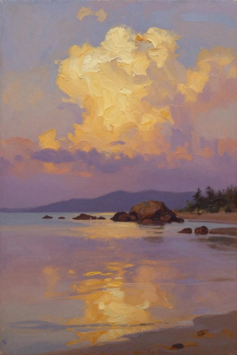 Golden clouds reflecting on calm waters with rocks and distant mountains at sunset