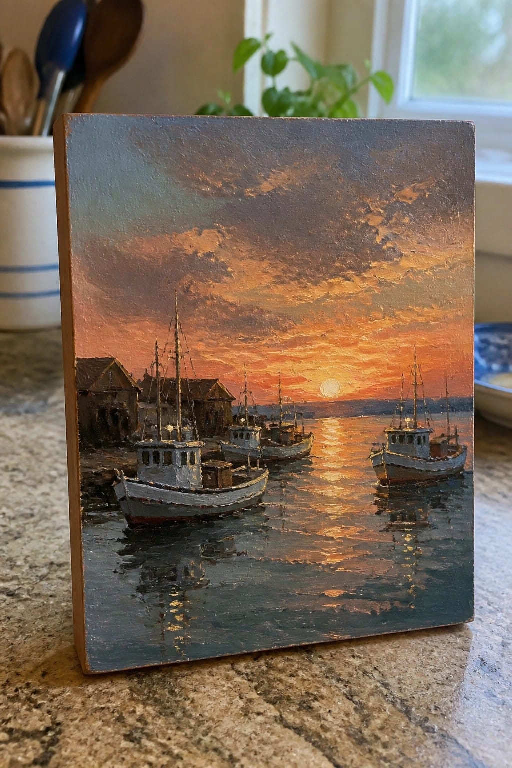 Impressionistic oil painting of fishing boats on reflective water under vibrant orange sunset.