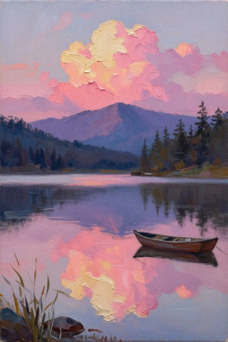 An oil painting of a pink and yellow sunset reflected in a calm lake with a small brown boat on the right, mountains behind, and trees along the shore.
