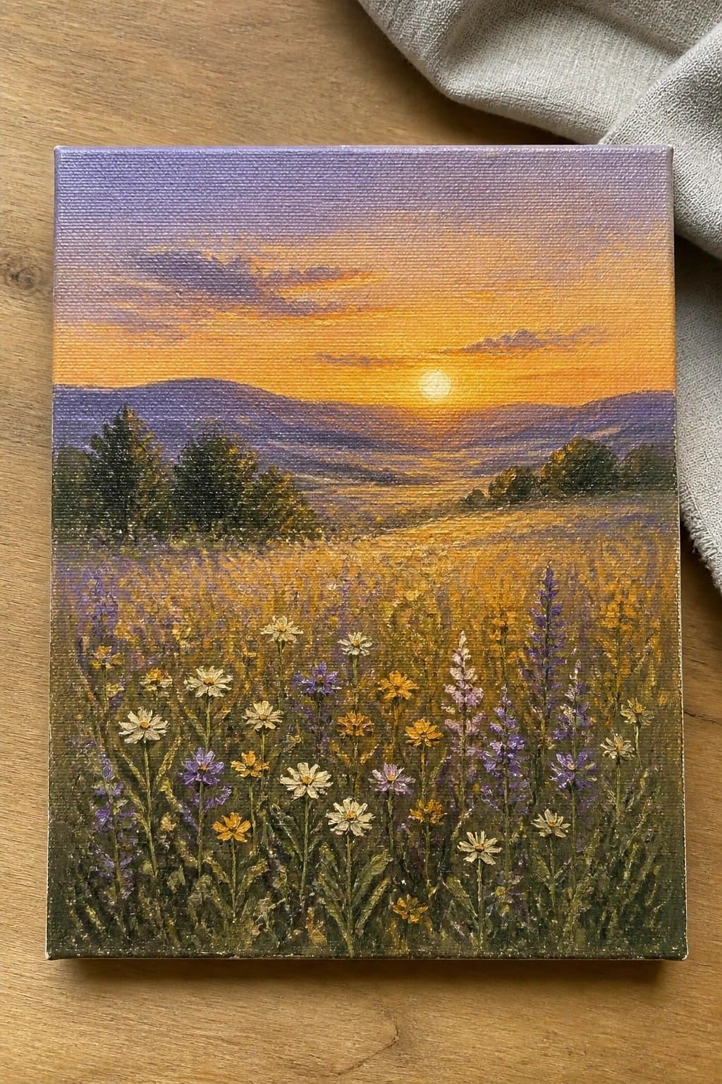 Vibrant sunset painting on canvas with wildflowers, hills, and golden sky.