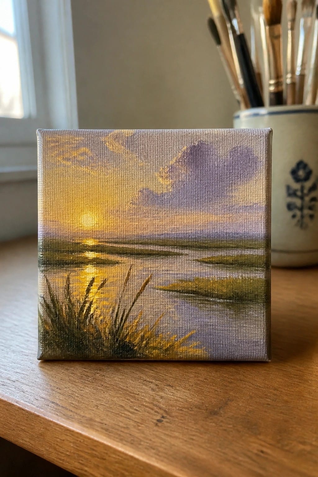 A small square oil painting showing a sunset over water with the sun's reflection and grass in the foreground.