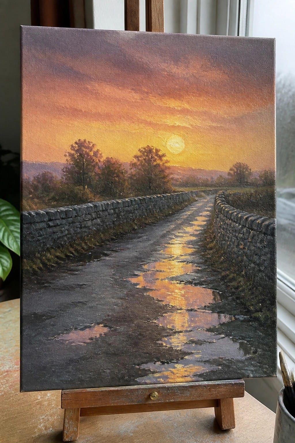 Sunset painting on easel showing golden reflections on path between stone walls.