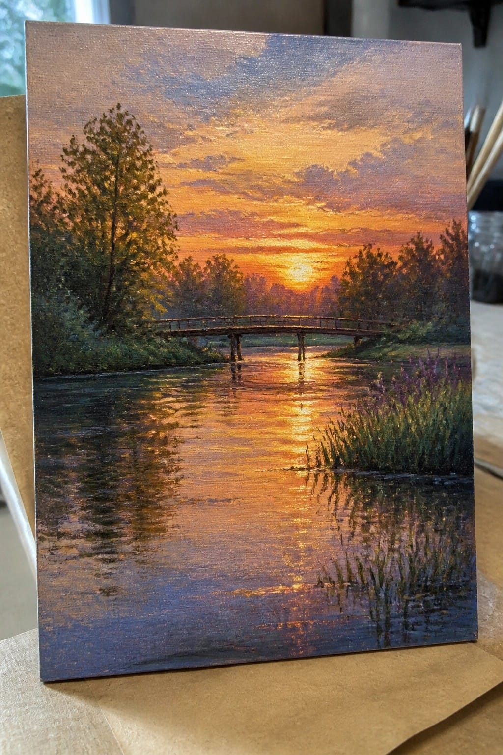 Realistic oil painting of vibrant sunset reflecting on river under wooden bridge with trees.