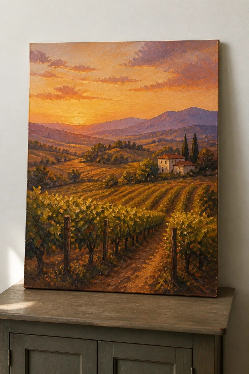 Sunset painting of vineyard rows, rolling hills, farmhouse and distant mountains on cabinet