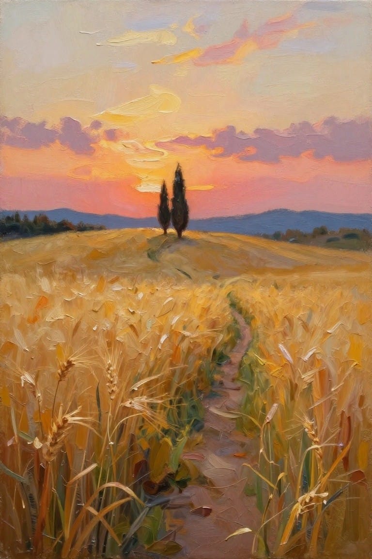 Golden wheat field path at sunset with two cypress trees and colorful sky