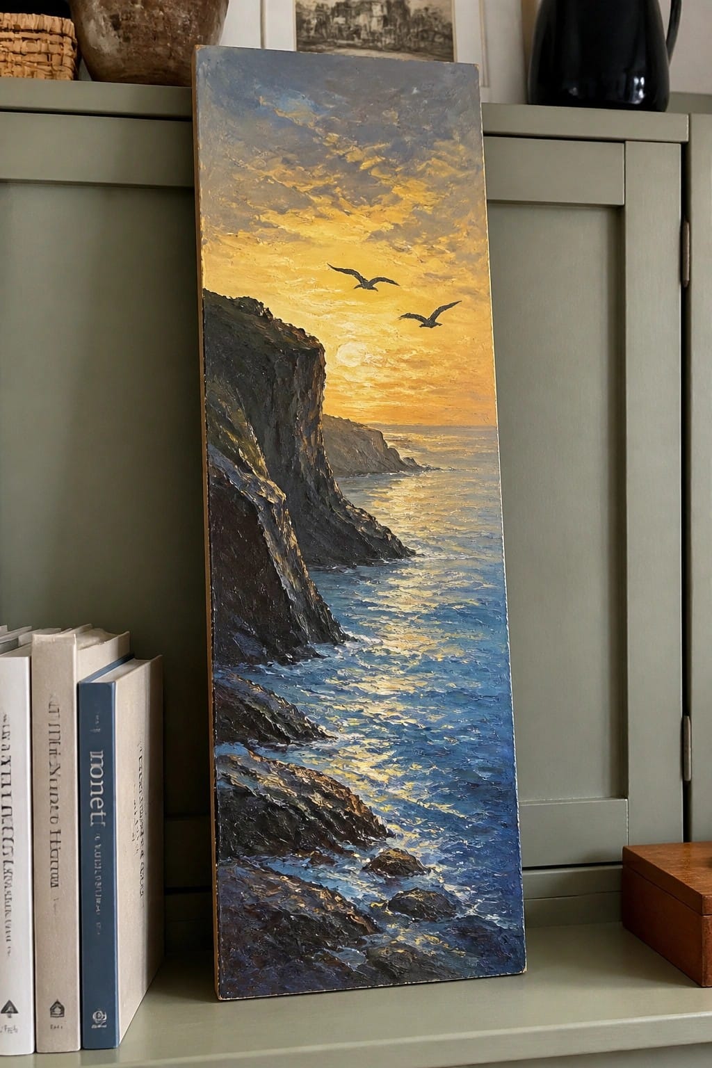 Oil painting of sunset over rocky ocean cliffs with flying birds, propped beside books