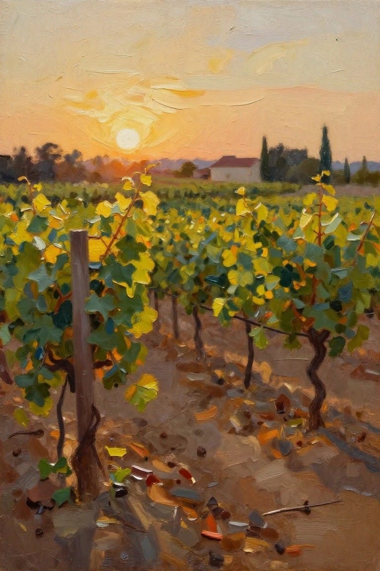 Vineyard at sunset with yellow grapevines, wooden posts, and glowing orange sky