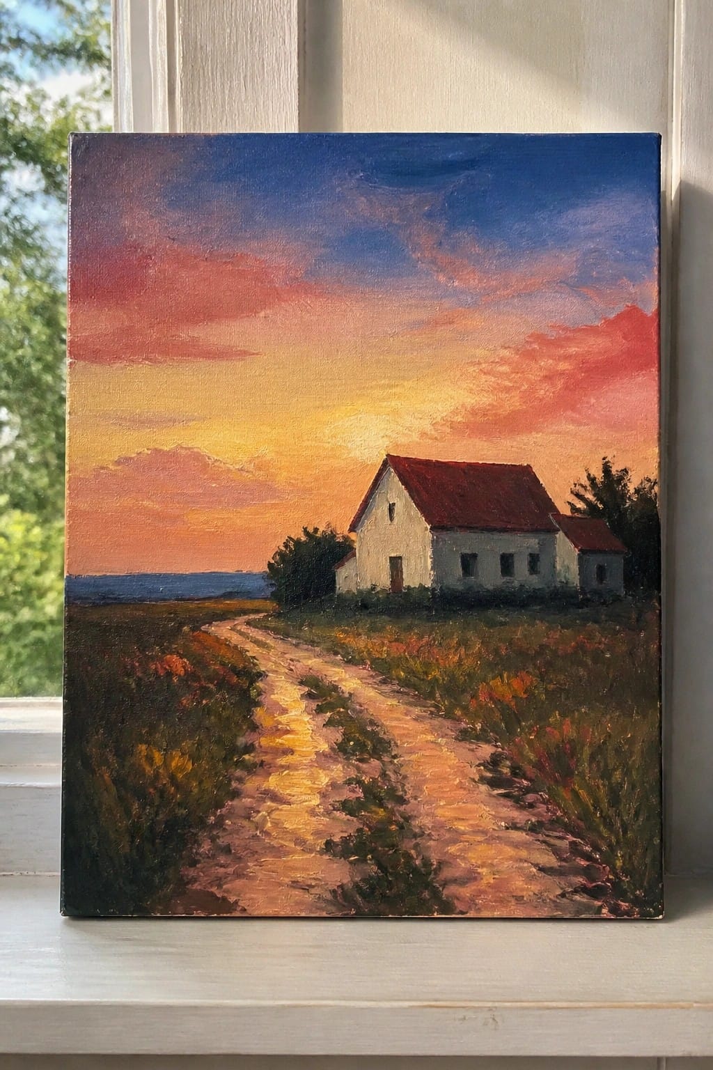 Vibrant sunset sky over white house with red roof and winding dirt path.
