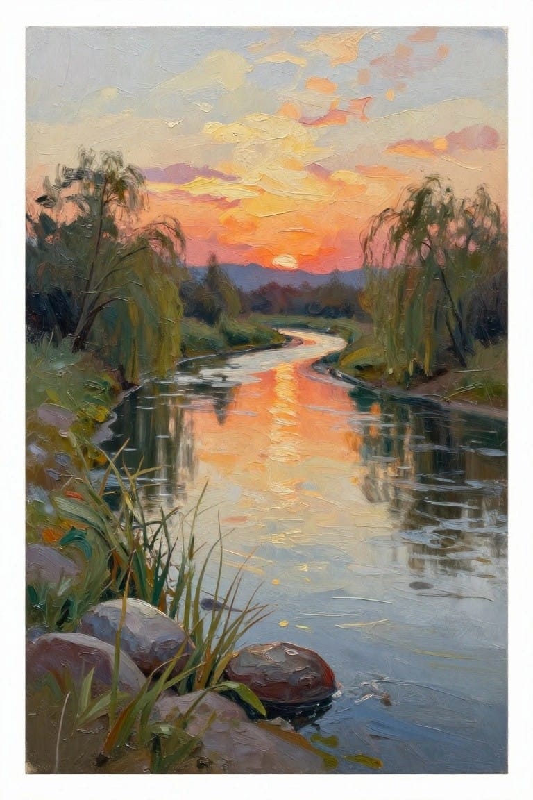 Impressionistic painting of a winding river at sunset with orange reflections and trees