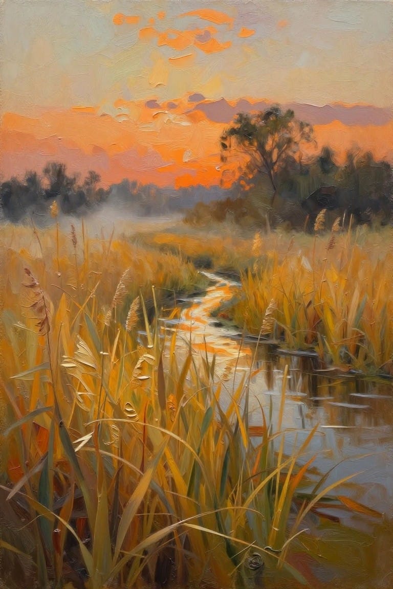 Sunset over misty fields with a winding stream amid golden reeds and grasses.