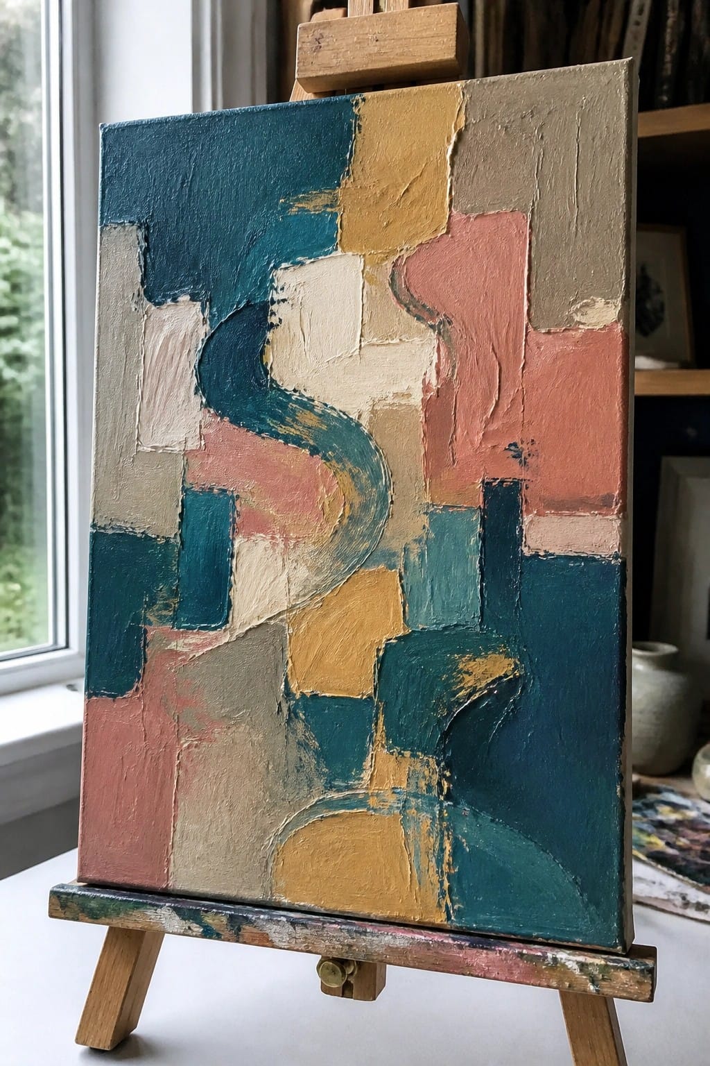 Abstract painting with teal curves and colorful blocks on wooden easel in studio