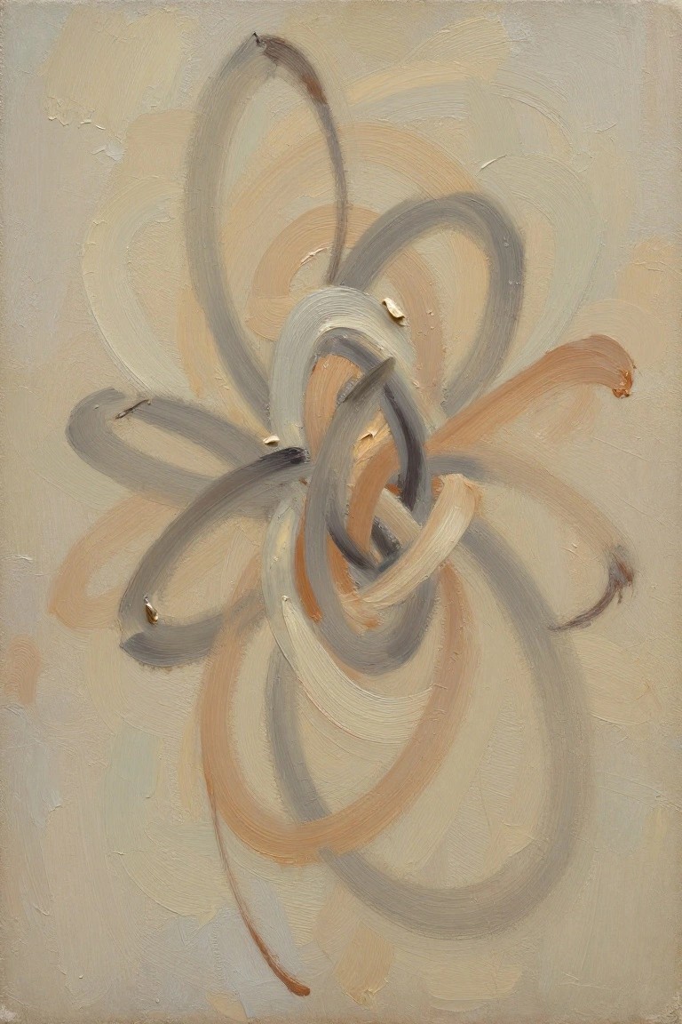 Abstract painting of intertwined loops in beige, gray, and brown brushstrokes